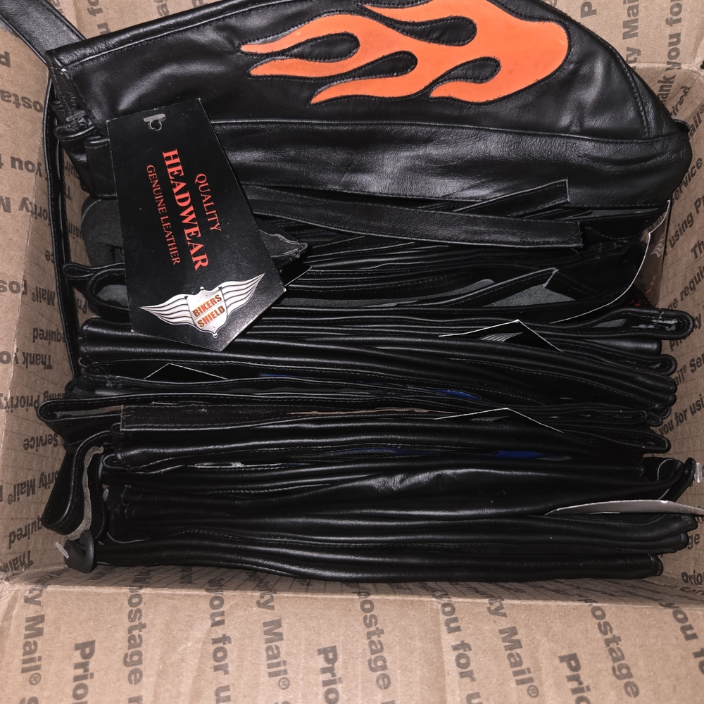 Genuine Leather Black & Orange Flame Motorcycle Headwrap